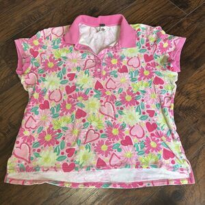 Vintage Lilly Pulitzer Terry Cloth Polo Shirt Pink Green Hearts XL Flower Power